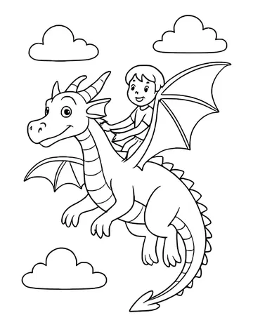 Smiling child riding on the back of a flying dragon among puffy clouds
