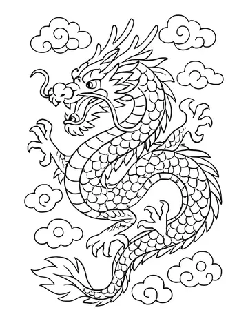 Long scaly Chinese dragon curving in an S shape among swirl clouds, with whiskers and claws