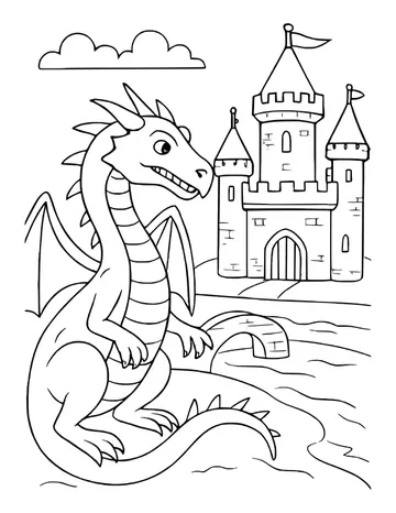 Dragon beside a moat with a stone bridge leading to a castle with towers and flags
