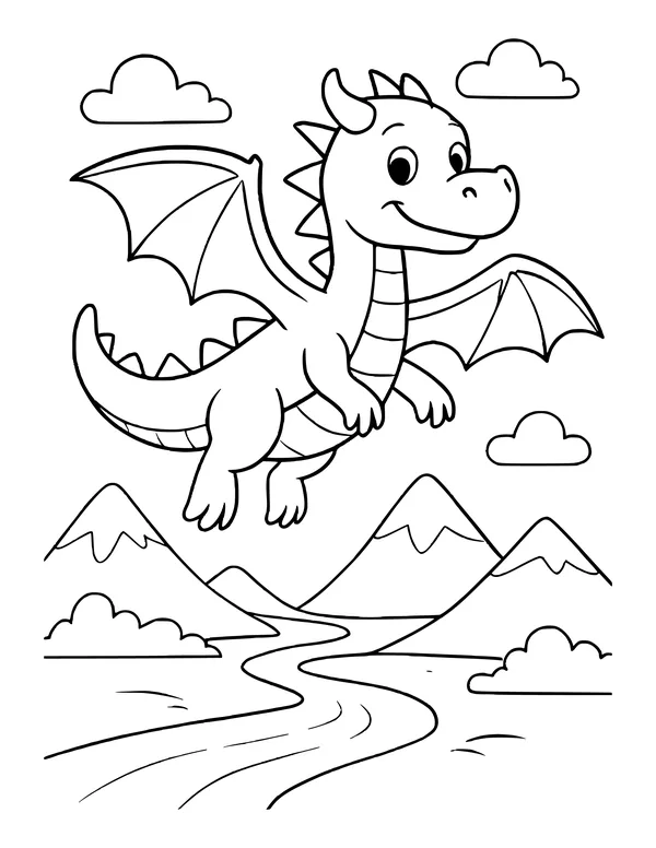 Friendly dragon flying above mountains with a river winding below