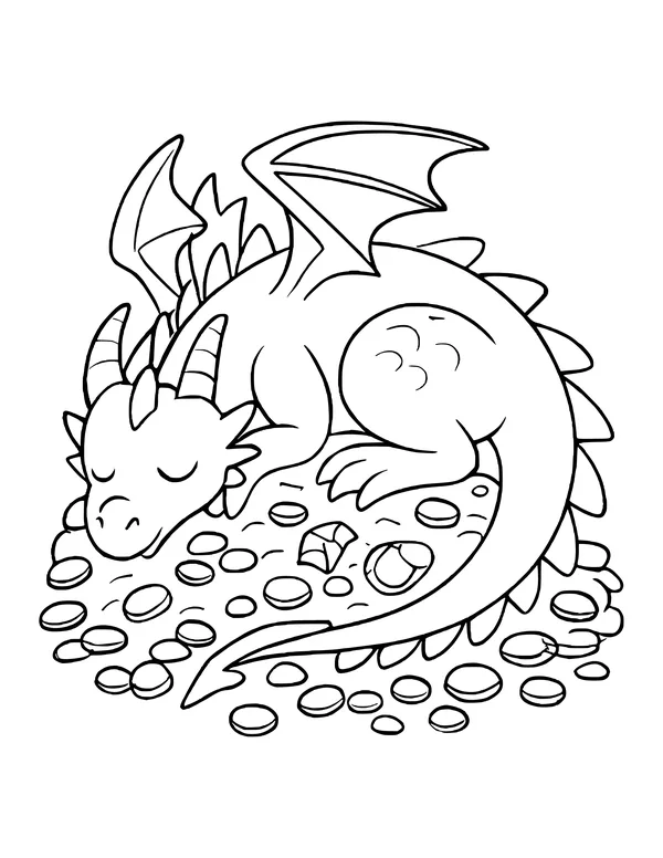 Sleeping dragon with spiky wings coiled around a pile of gold coins and a chest