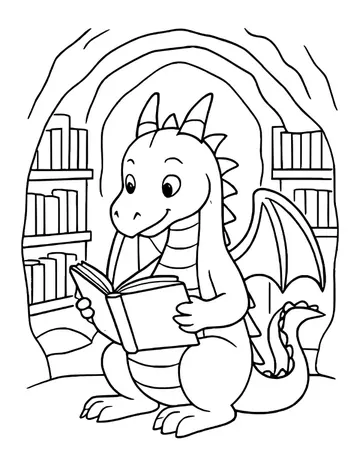Dragon sitting in a rocky cave and reading a book, with bookshelves on both sides