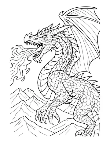 Fierce scaly dragon with a large wing breathing fire to the left above mountain peaks