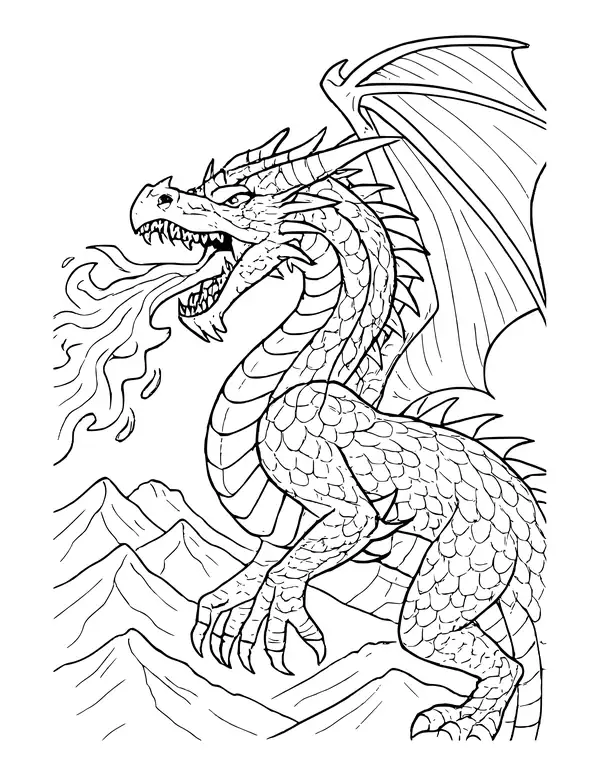 Fierce scaly dragon with a large wing breathing fire to the left above mountain peaks