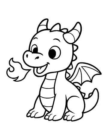 Grinning baby dragon sitting with curled horns and small wings, breathing out a little flame