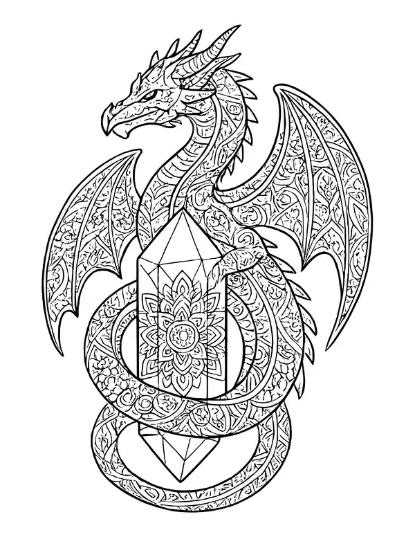 Winged dragon coiled around a tall crystal, its body, wings and the crystal filled with mandala patterns
