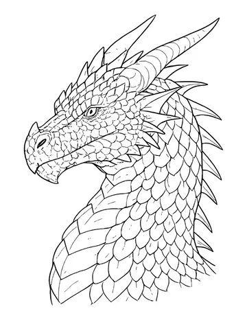 Detailed dragon head and neck in side view facing left, covered in fine scales with long horns