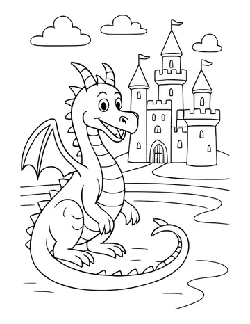 Friendly smiling dragon sitting at the edge of a moat in front of a tall castle