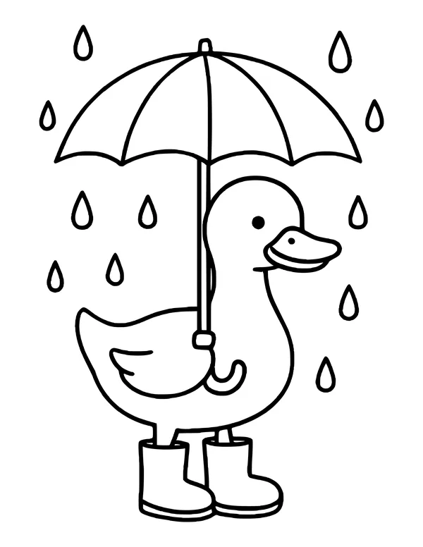 Duck in rain boots holding an umbrella while raindrops fall all around