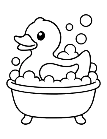 Rubber duck facing left in a bathtub piled with foam, round bubbles rising beside it