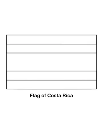 Costa Rica's flag has five horizontal stripes: blue, white, a wide red center, white and blue, drawn as an outline to color