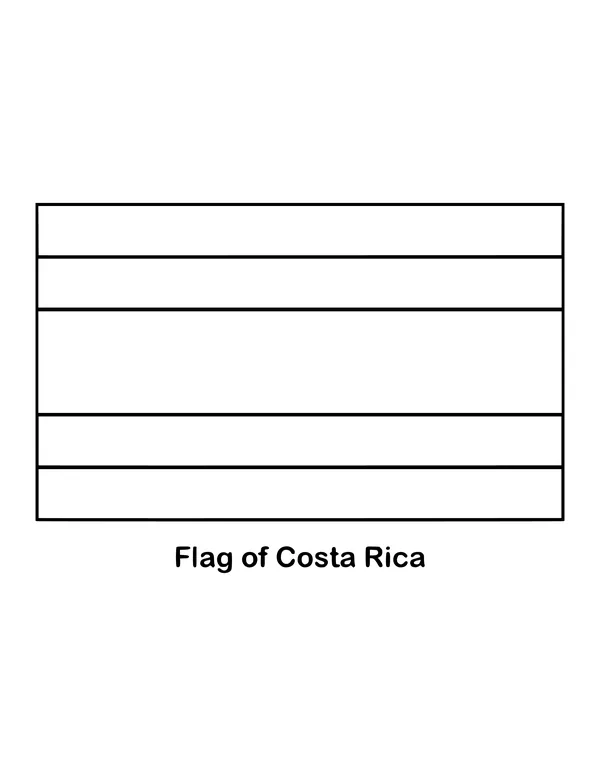 Costa Rica's flag has five horizontal stripes: blue, white, a wide red center, white and blue, drawn as an outline to color