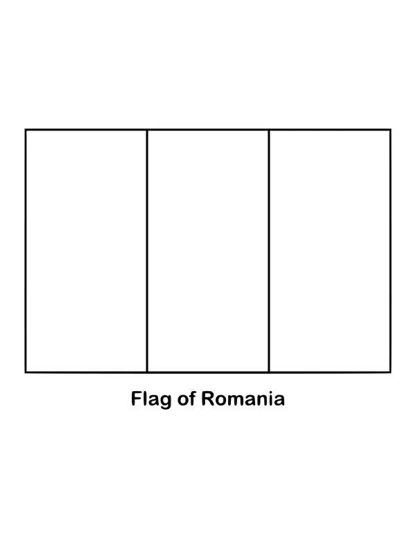 Three equal vertical bands of blue, yellow and red make up Romania's flag, drawn as an outline to color