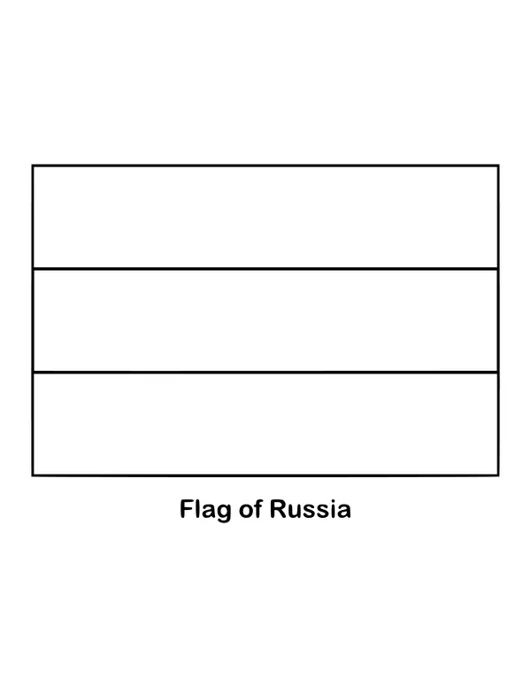 Three equal horizontal bands, white over blue over red, make up Russia's flag, drawn as an outline to color