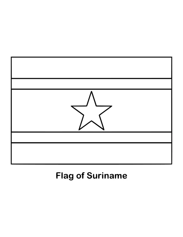 Suriname's flag has five horizontal stripes: green, white, a wide red band, white, and green, drawn as an outline to color