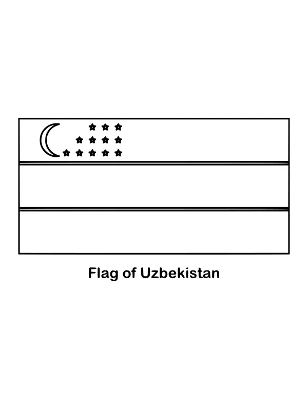 Uzbekistan's flag has blue, white and green horizontal bands, divided by two thin red lines, drawn as an outline to color