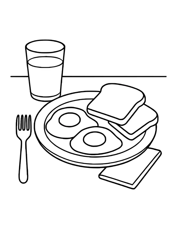Plate with two fried eggs and two slices of toast, a glass of juice, a fork and a napkin.