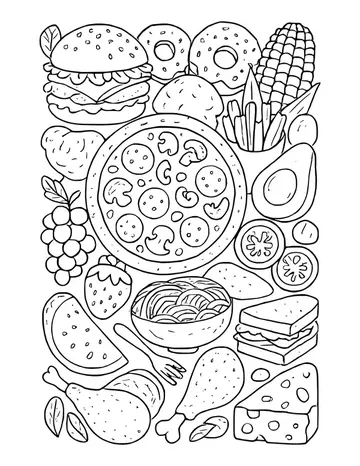 Detailed food collage around a whole pizza with burger, donuts, corn, fries, noodles, chicken legs and cheese.