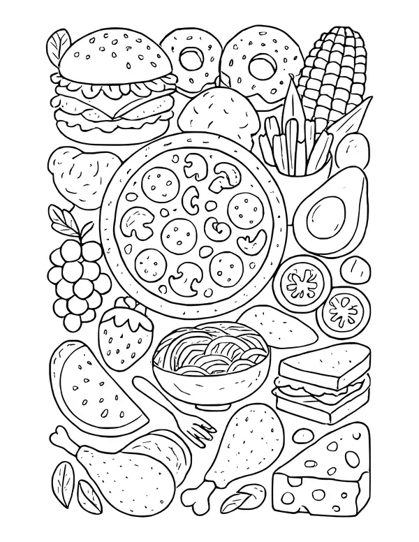 Detailed food collage around a whole pizza with burger, donuts, corn, fries, noodles, chicken legs and cheese.