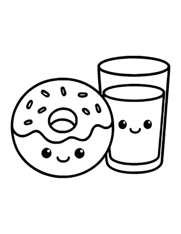 Smiling kawaii donut with sprinkles next to a happy glass of milk.