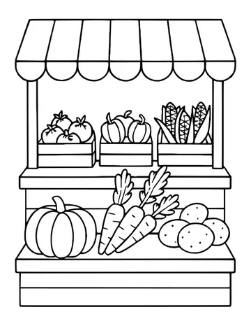 Farm stand with tomatoes, peppers and corn on top, plus a pumpkin, carrots and potatoes below.