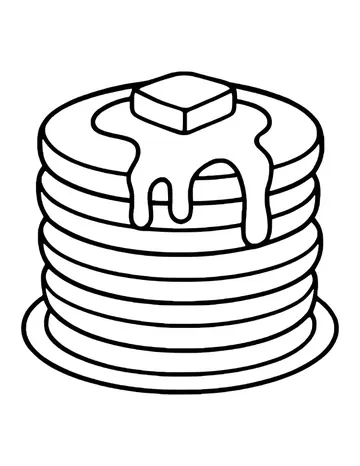 Six pancakes on a plate with a pat of butter and syrup dripping down the sides.