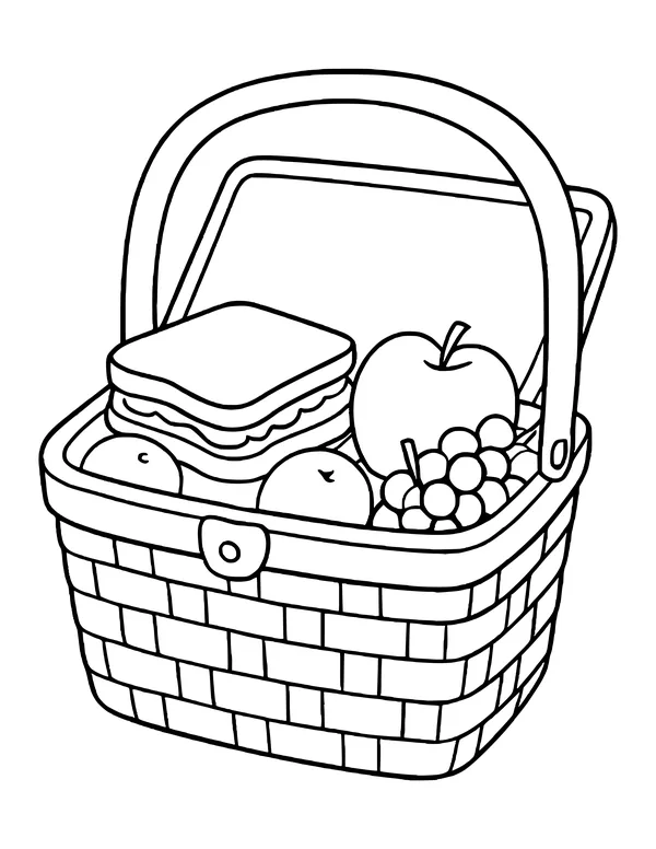 Woven picnic basket with an open lid holding a sandwich, apple, oranges and grapes.