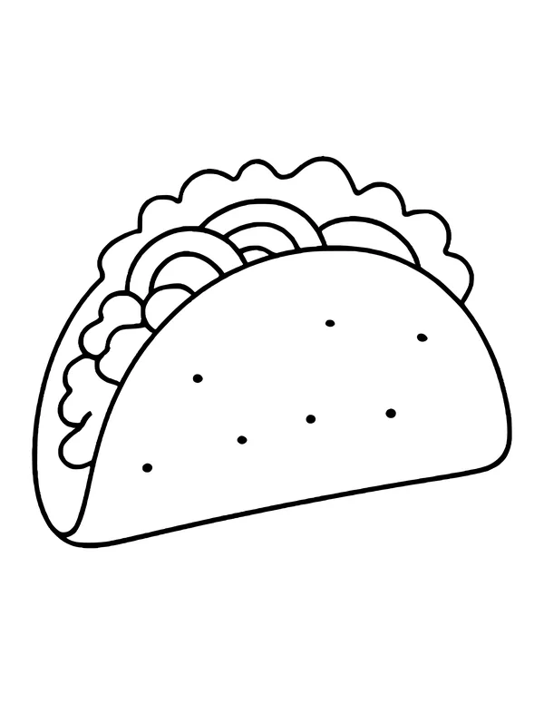 Taco with a dotted shell filled with ruffled lettuce and curved onion rings.