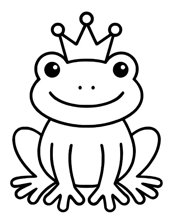 Frog king with a crown, wide smile and big round eyes, drawn in thick bold outlines