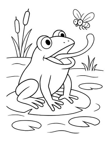Frog on a lily pad in a pond stretching its long tongue up toward a buzzing fly, cattails behind