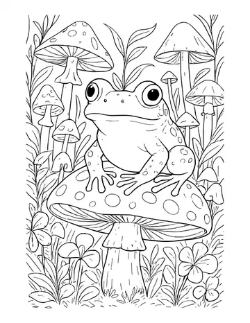 Frog perched on top of a large spotted mushroom cap, with clovers and more mushrooms around it