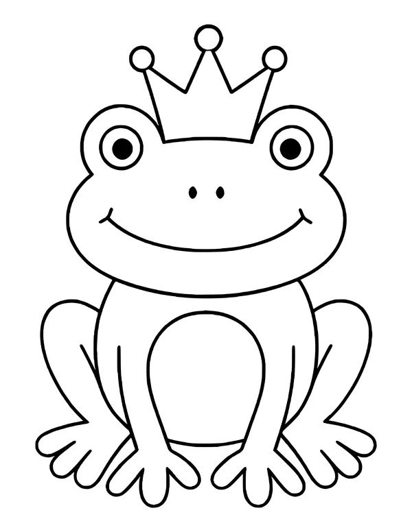 Smiling frog wearing a pointed crown, sitting with a rounded belly patch