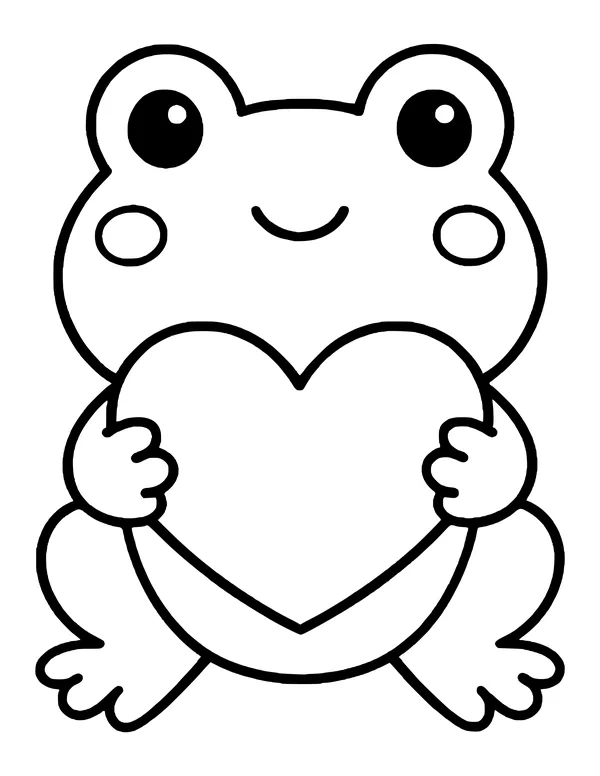 Cute kawaii frog with round cheeks holding a large heart out in front of its body