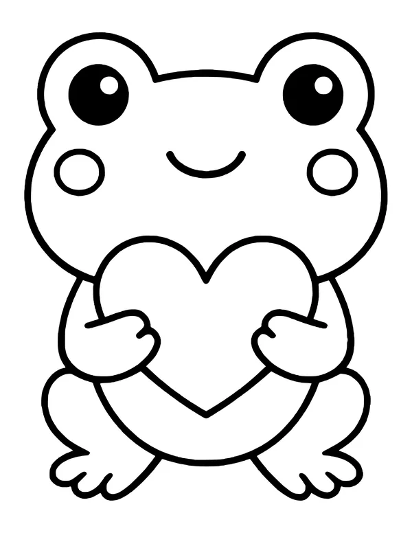 Kawaii frog with big eyes and blush cheeks hugging a heart to its chest