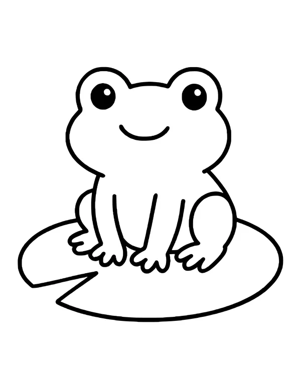 Small smiling frog sitting to one side on a round lily pad with a notch cut out