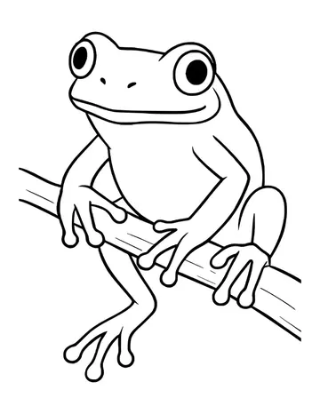 Smiling tree frog sitting on a branch with one long leg dangling below