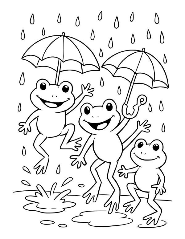 Three happy frogs jumping in the rain under two umbrellas, splashing in puddles