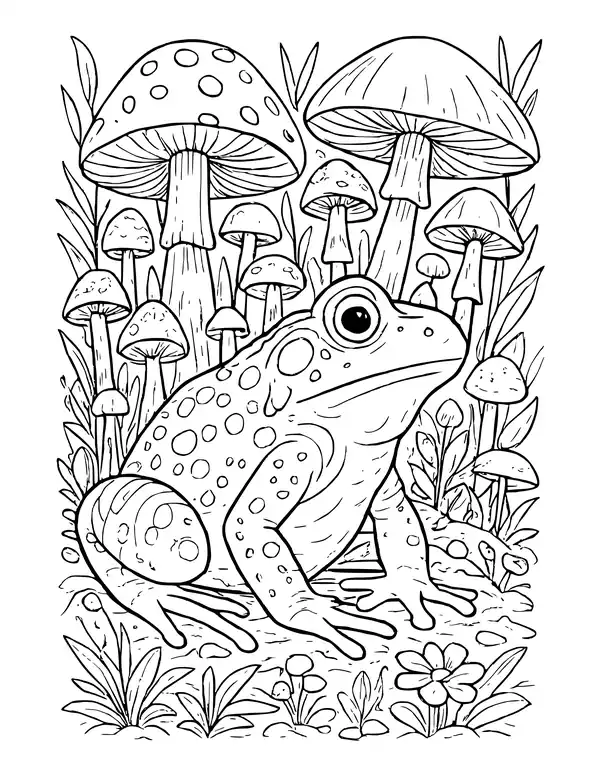 Spotted toad sitting among tall spotted mushrooms, leafy plants and small flowers