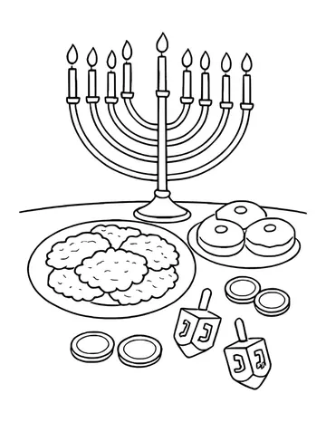 Table with a menorah, a plate of latkes, doughnuts, dreidels and gelt coins