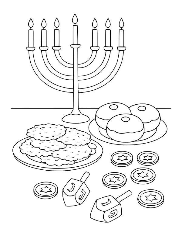 Menorah behind plates of latkes and doughnuts with scattered gelt coins