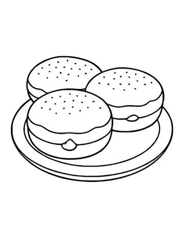 Three round jelly doughnuts with sugar dots and jelly peeking out, set on a plate