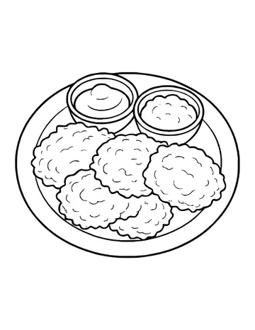 Plate of six potato latkes with a bowl of sour cream and a bowl of applesauce