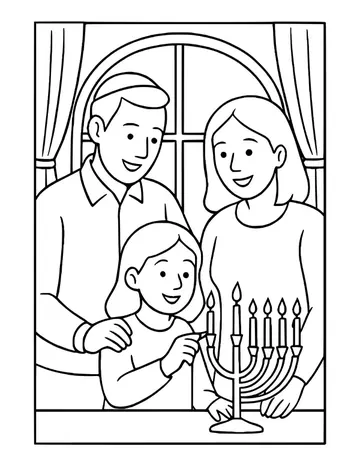 Parents and two children lighting the candles of a menorah by a curtained window