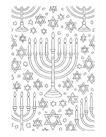 Pattern page of nine-candle menorahs surrounded by many six-pointed stars