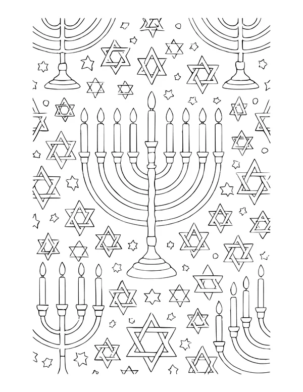 Pattern page of nine-candle menorahs surrounded by many six-pointed stars