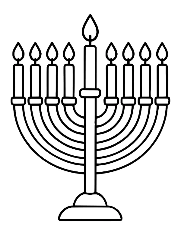 Simple menorah holding nine lit candles on a round base