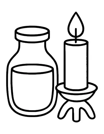 Jar of oil with a lid beside a lit candle in a footed holder