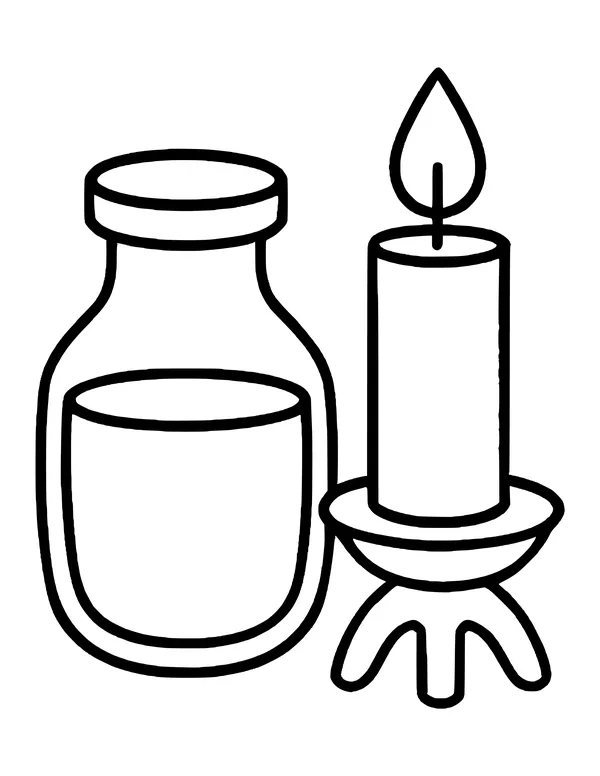 Jar of oil with a lid beside a lit candle in a footed holder
