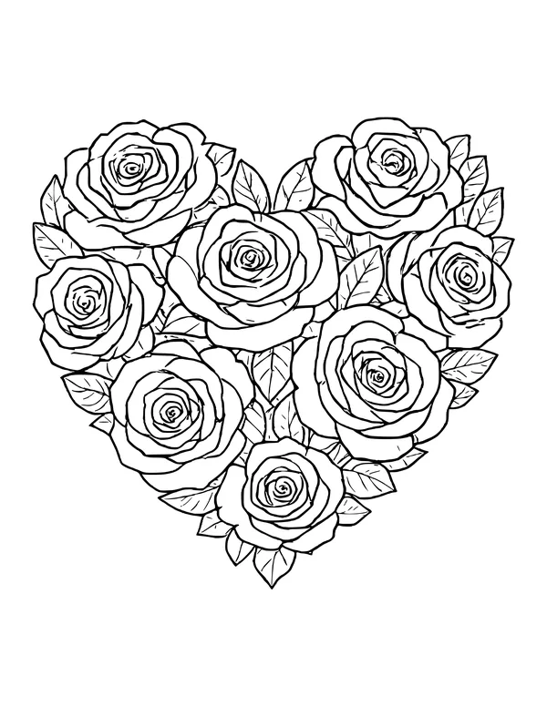 Nine large roses and their leaves arranged together to form the shape of a heart.