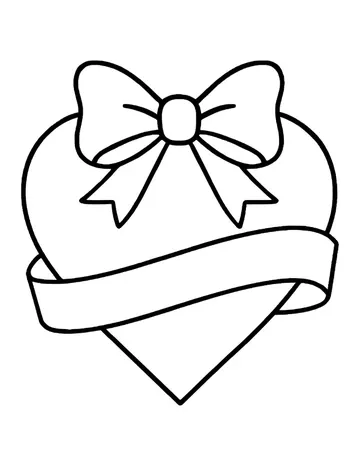 A heart topped with a big bow and wrapped by a ribbon banner with curled ends.